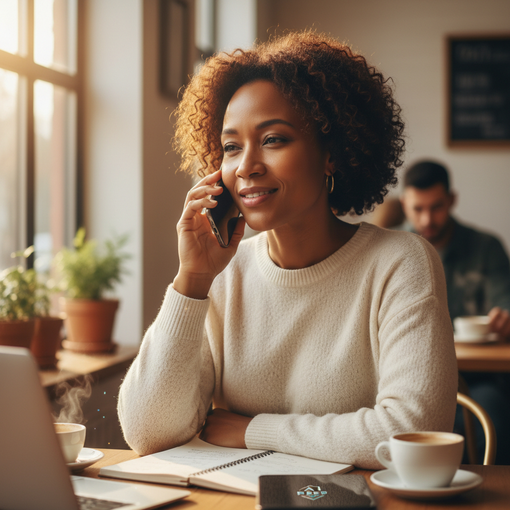 A thoughtful job candidate asking screening call questions in a sunlit cafe, illustrating curiosity and preparation