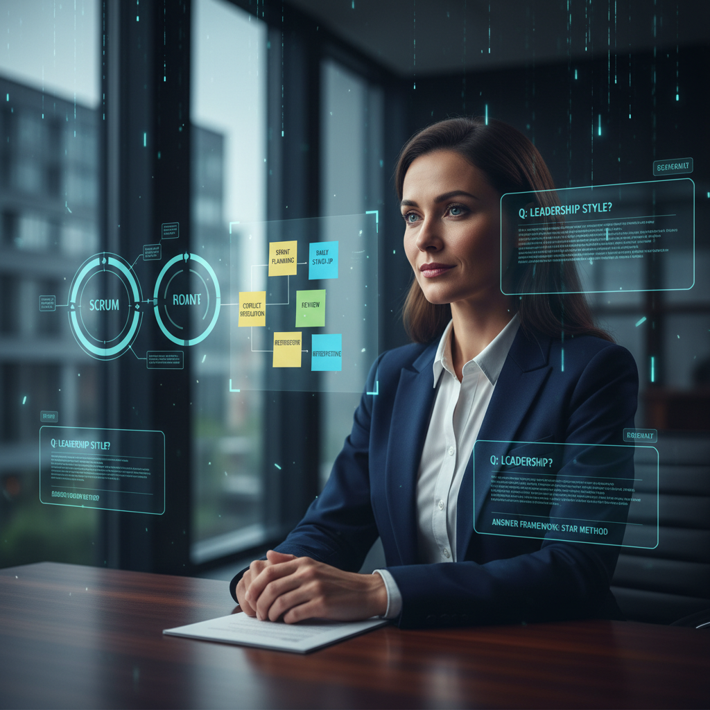 A poised professional in a modern interview room with holographic Scrum diagrams—demonstrating preparation and confidence for Scrum Master interviews in 2025.