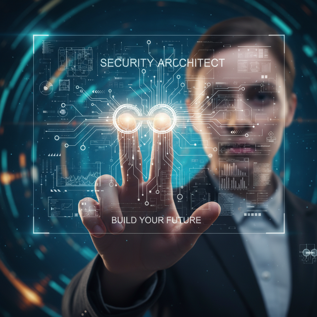 Job seeker mastering security architecture, connecting digital nodes on a shimmering blueprint
