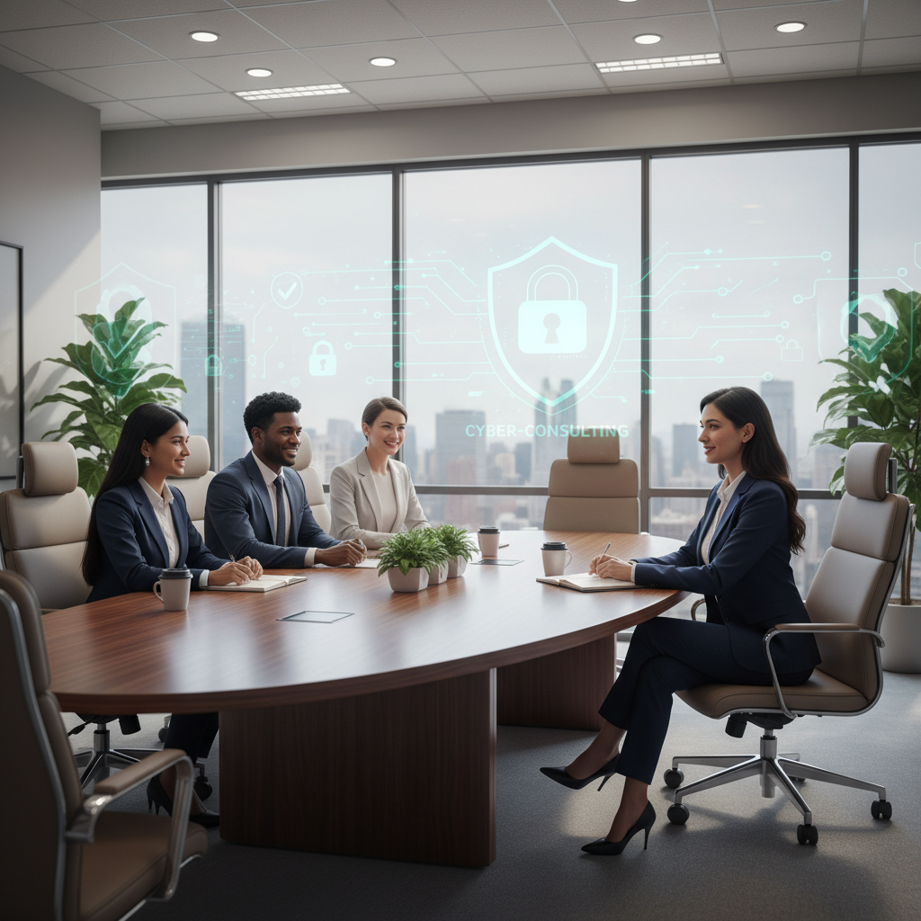 Security consultant interview panel with digital security symbols