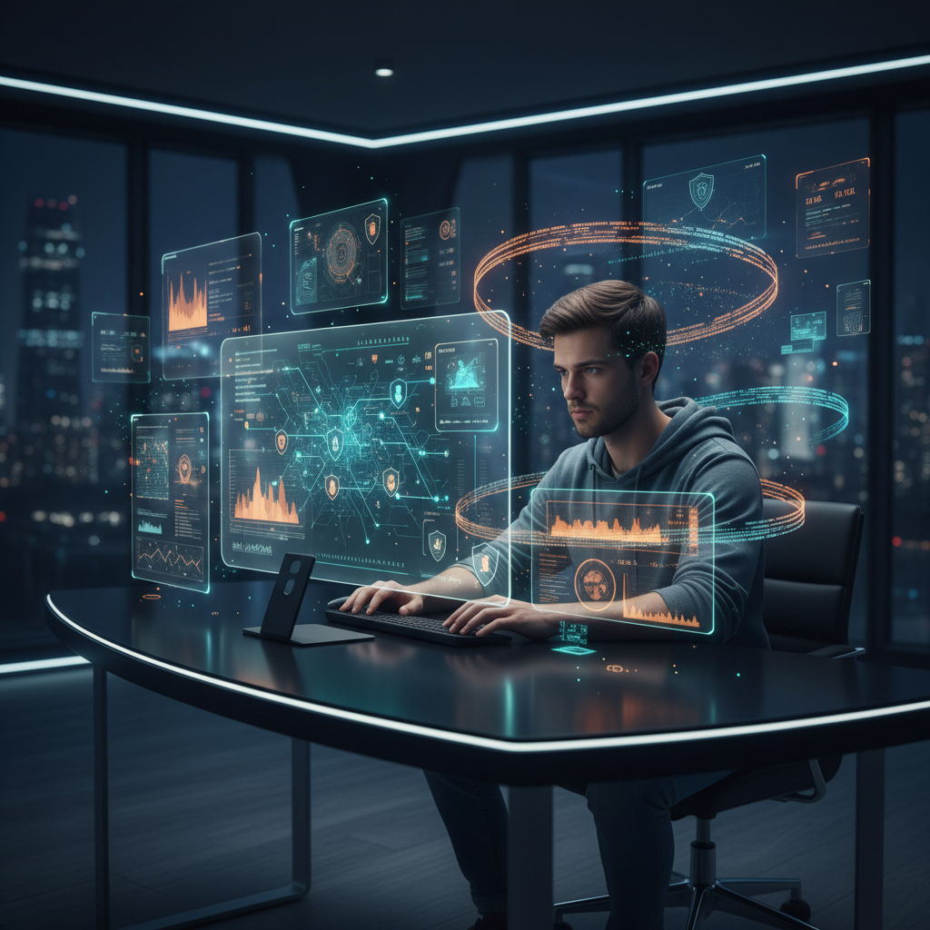 Job seeker preparing for a security engineer interview, surrounded by digital security data projections