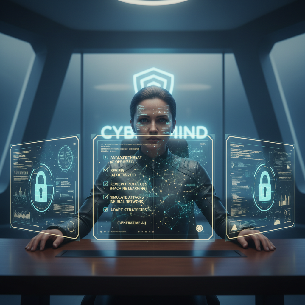 Security engineer practicing interview with AI-powered holographic panels displaying security checklists and graphs