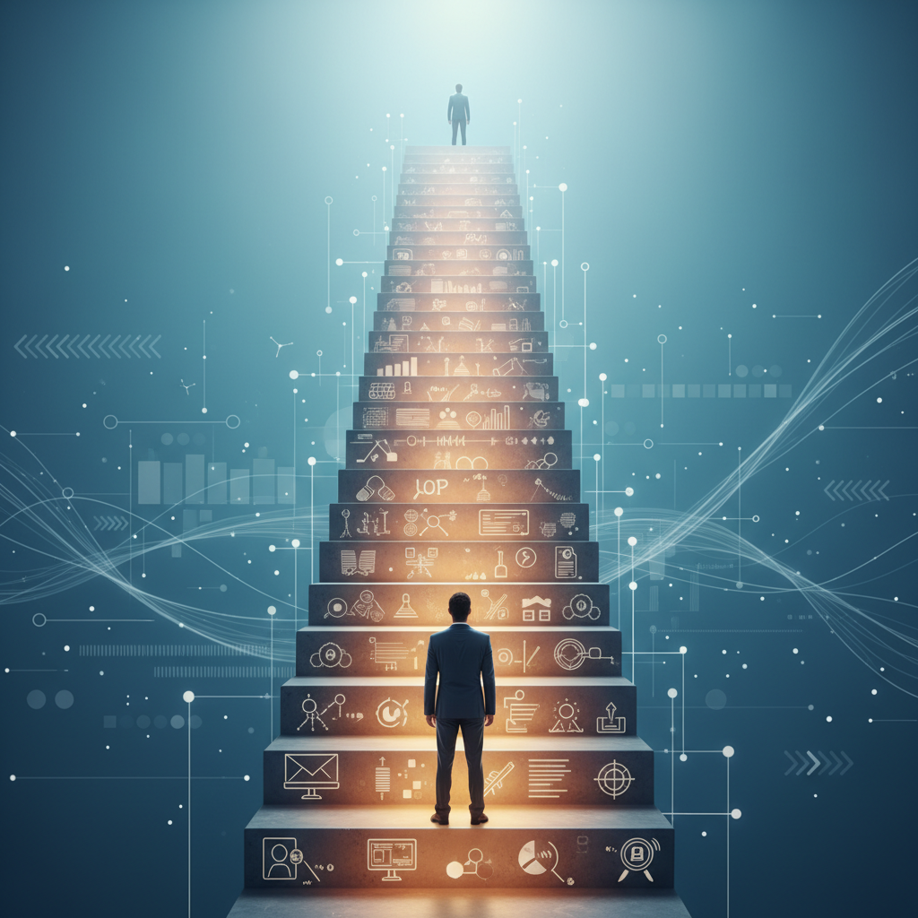 Eine Person steht am Fuße einer leuchtenden Treppe, Symbol für Selbstvertrauen und Aufstieg im Vorstellungsgespräch