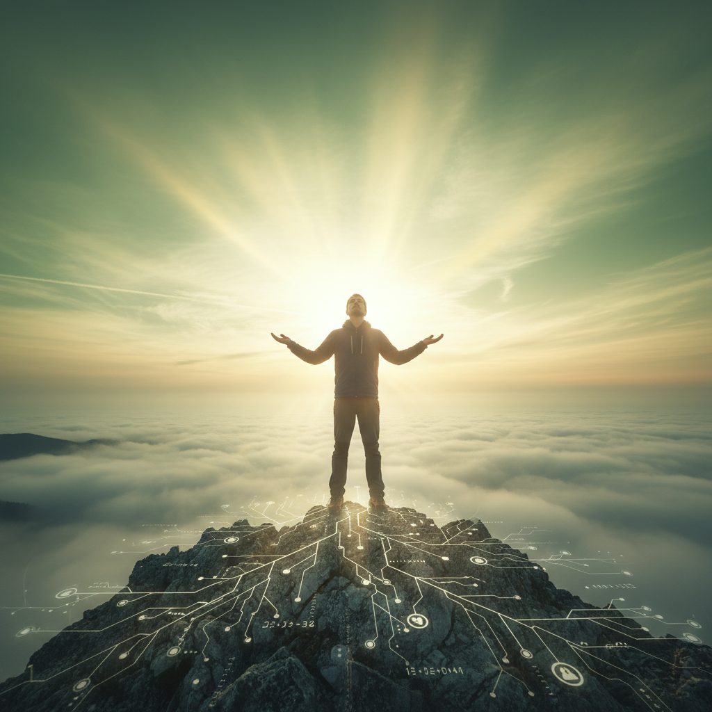 Eine Person steht auf einem sonnigen Gipfel über Nebel – Symbol für Überwindung von Selbstzweifeln und das Erreichen von Selbstsicherheit