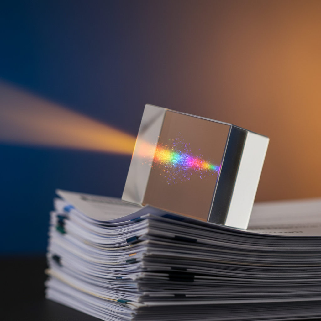 Glass prism on resumes splitting a beam of light: visual metaphor for self-awareness and personal insight