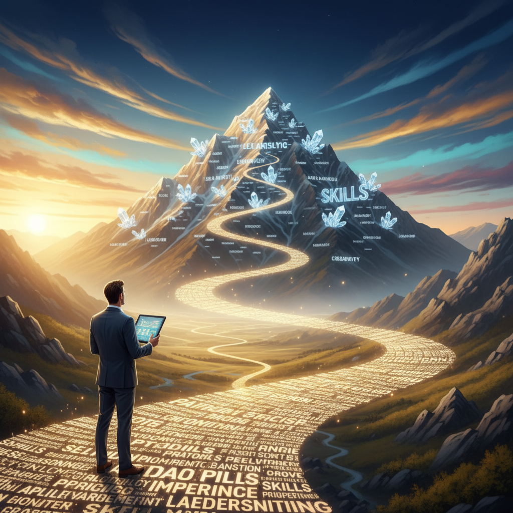A job seeker gazes at a mountain made of glowing keyword crystals, symbolizing the journey to get noticed with resume keywords.