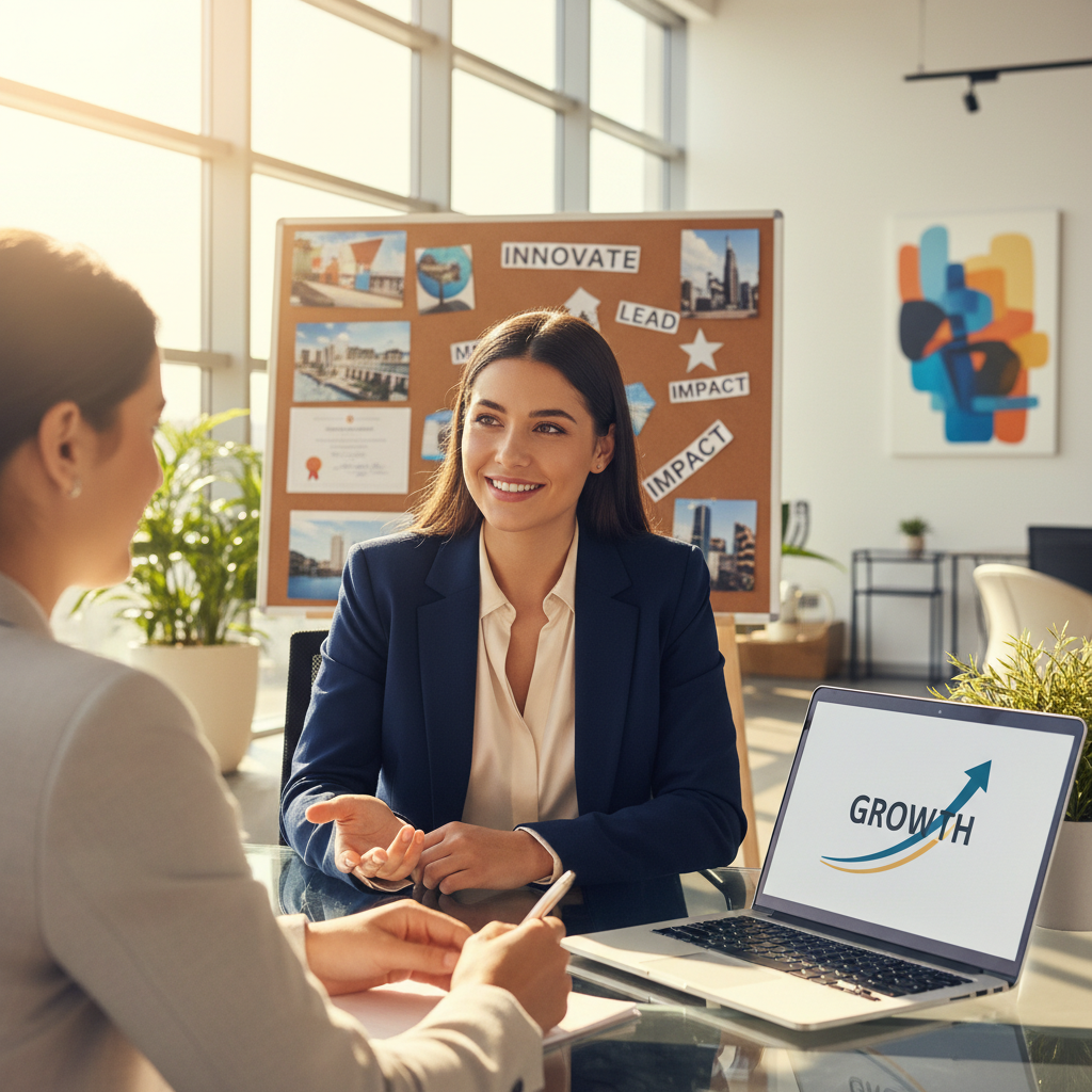 Young professional sharing career aspirations in a modern interview setting, with growth visuals in the background