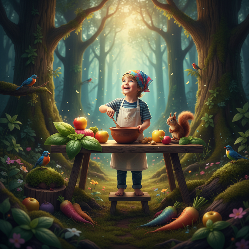 A child chef in a magical forest, surrounded by nature’s fresh ingredients, inspiring young cooks through wonder and confidence.