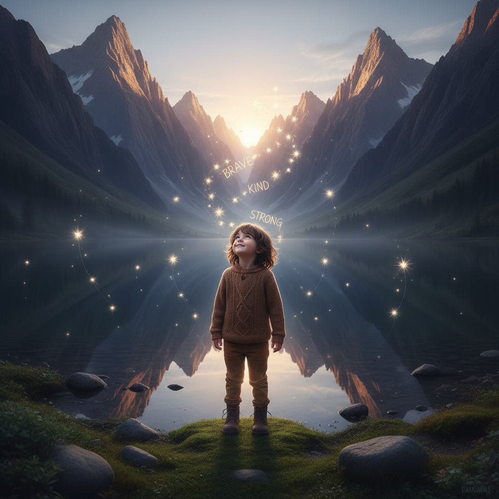 Child by a tranquil lake at dawn, surrounded by mountains, illuminated by gentle light representing the power of short emotional quotes
