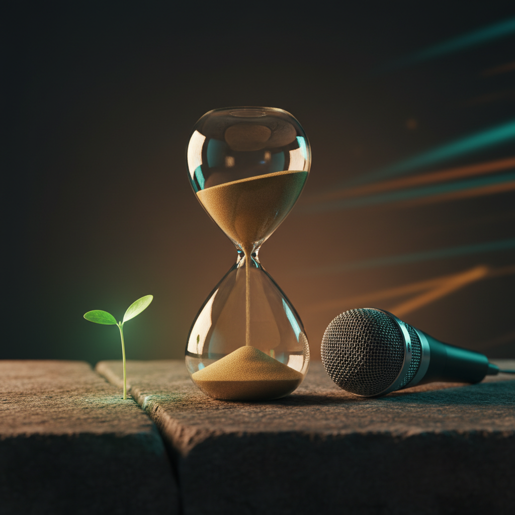 A crystal hourglass, microphone, and sprout symbolizing concise answers in interviews