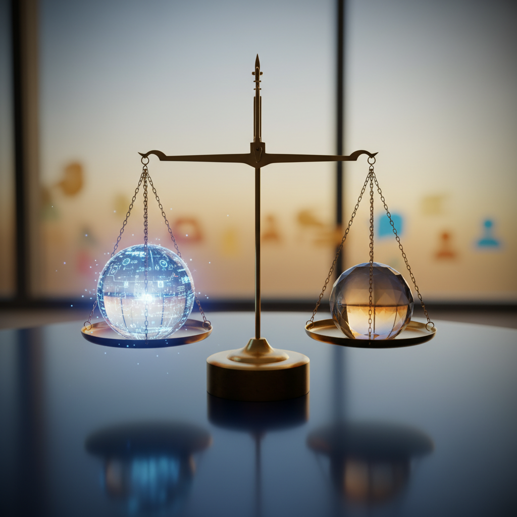 A balanced scale weighing trust between AI (a glowing digital sphere) and human recruiters (a classic paperweight), visualizing the decision to trust virtual recruiters.