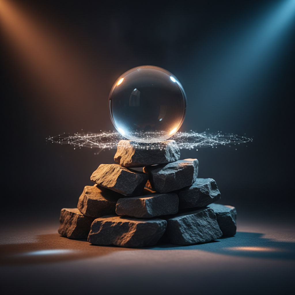 Symbolic photo of a polished glass sphere atop rugged stones representing perseverance and resilience in interviews