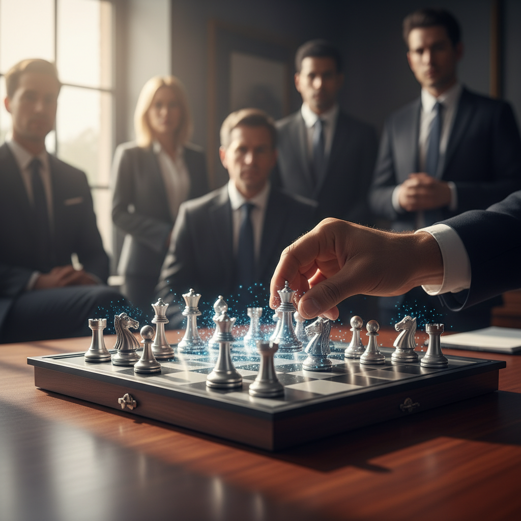 Close-up of chessboard, hand moving knight piece, symbolizing non-manager strategic thinking