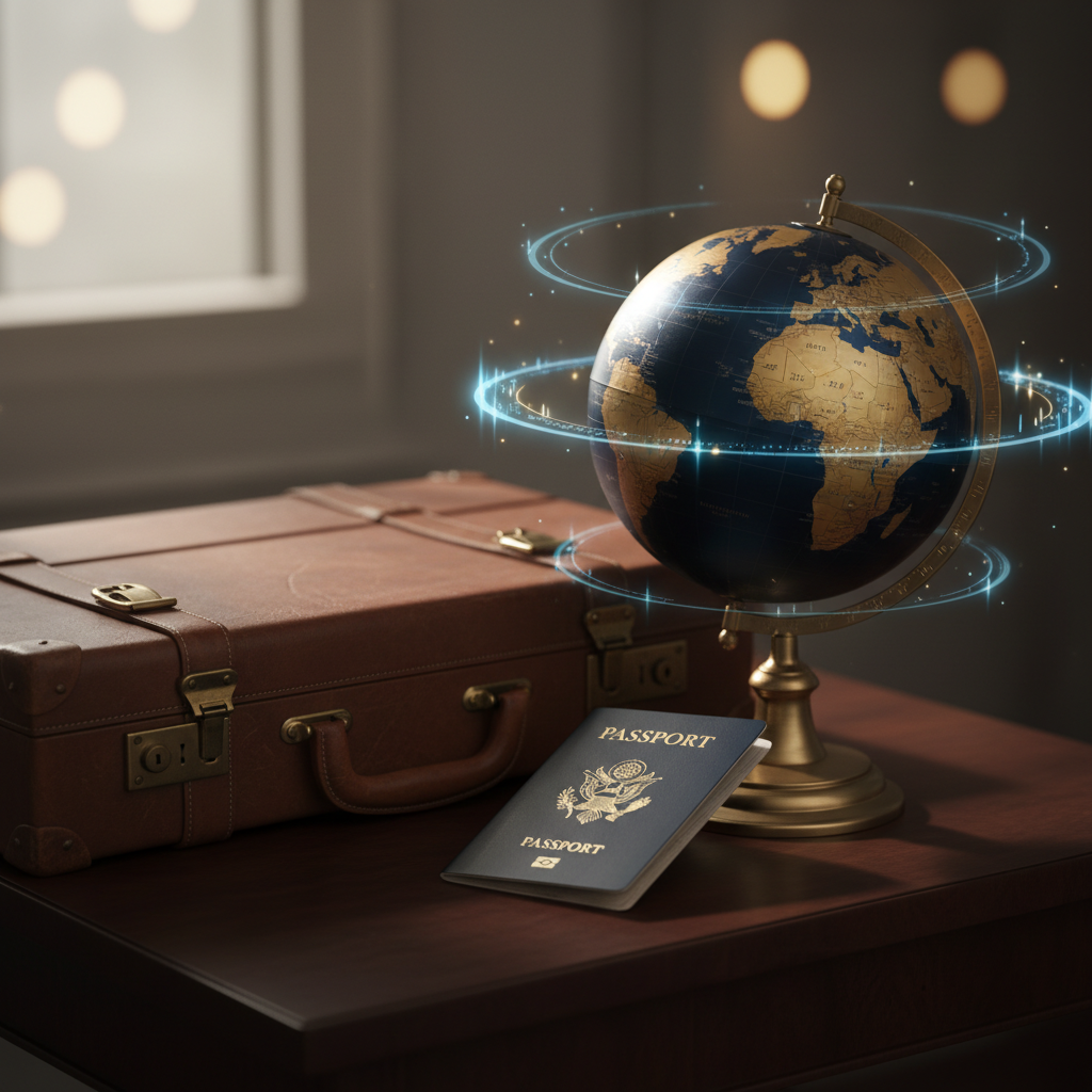 Vintage suitcase, passport, globe and holographic data symbolizing international experience
