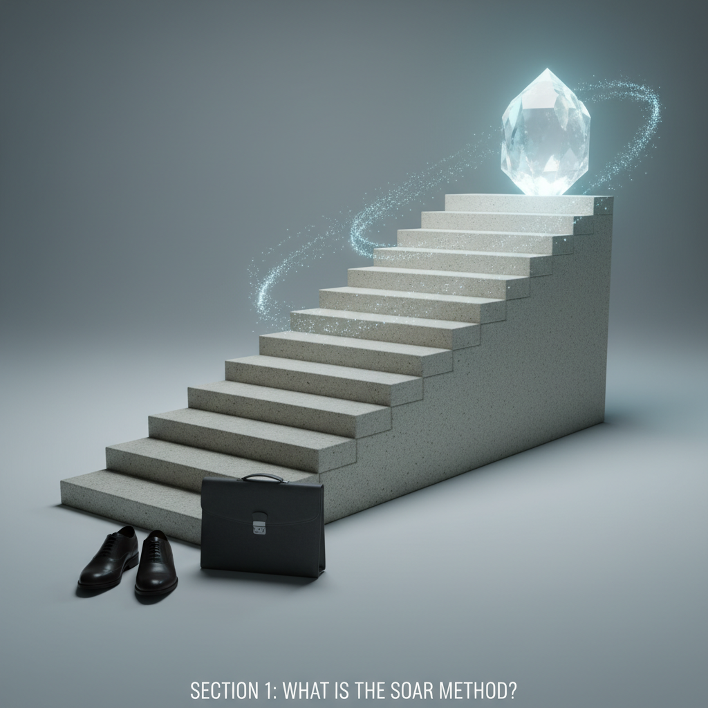 SOAR method visual metaphor: elegant steps toward a glowing crystal, symbolizing growth and clarity