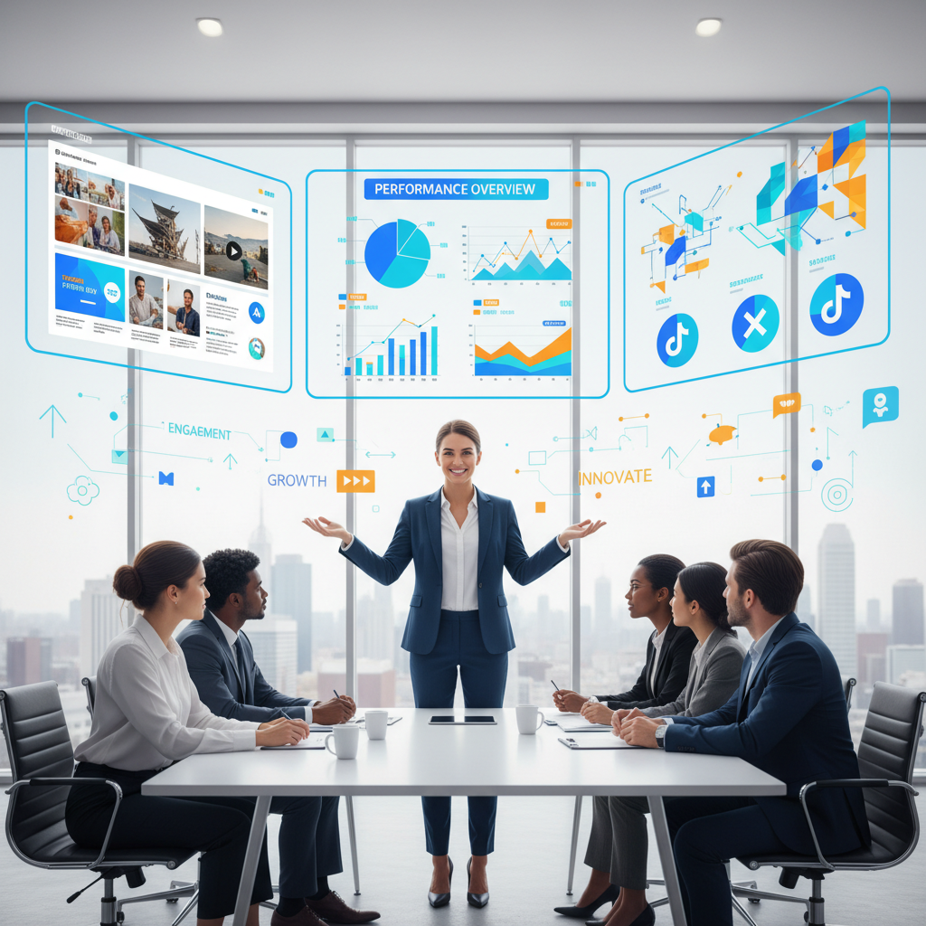 Confident Social Media Manager presenting analytics and creative content in a digital office