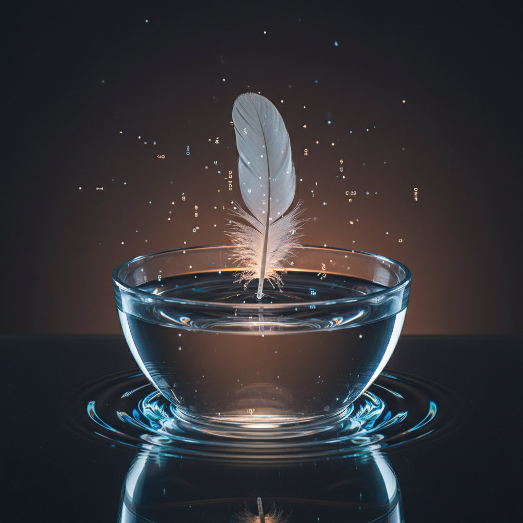 A luminous feather casting ripples in still water, symbolizing powerful impact from gentle leadership