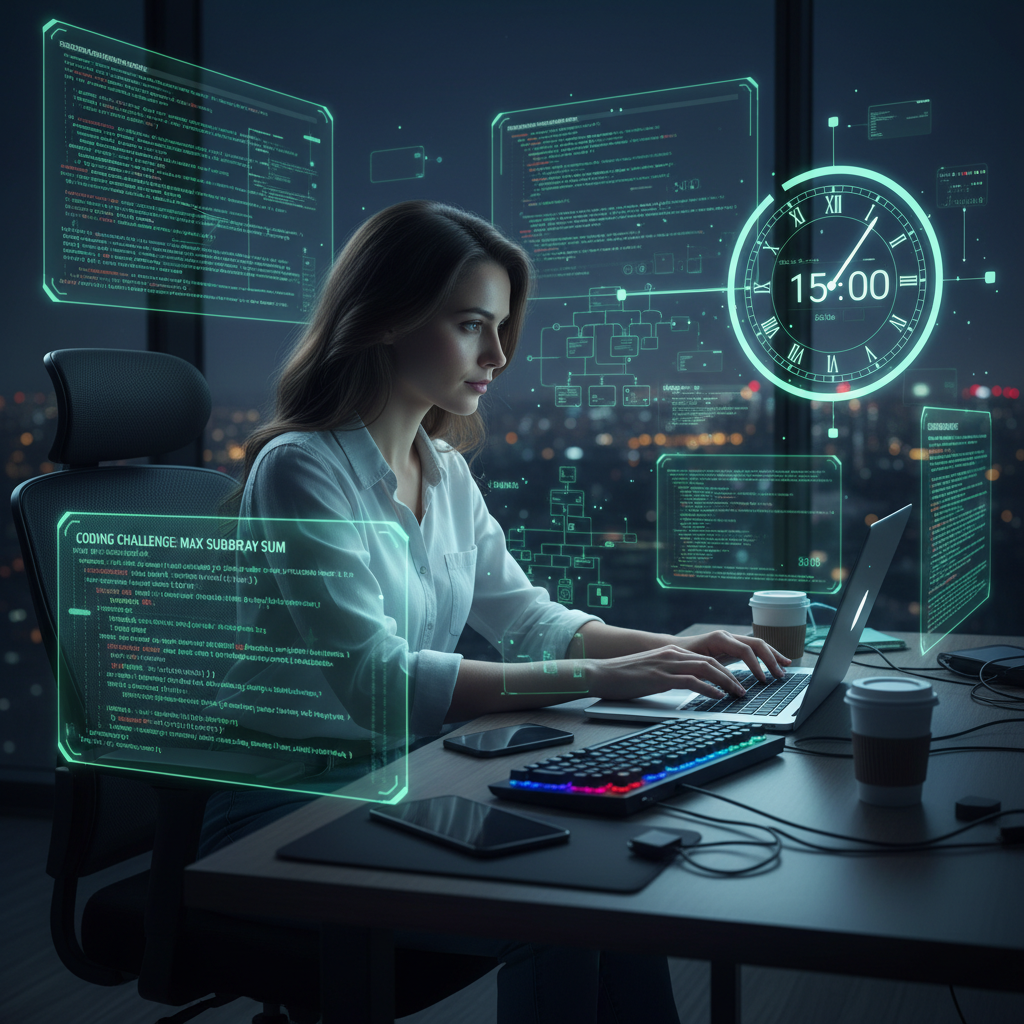 A software engineer solving complex coding challenges, with digital code and flowcharts in a high-tech atmosphere