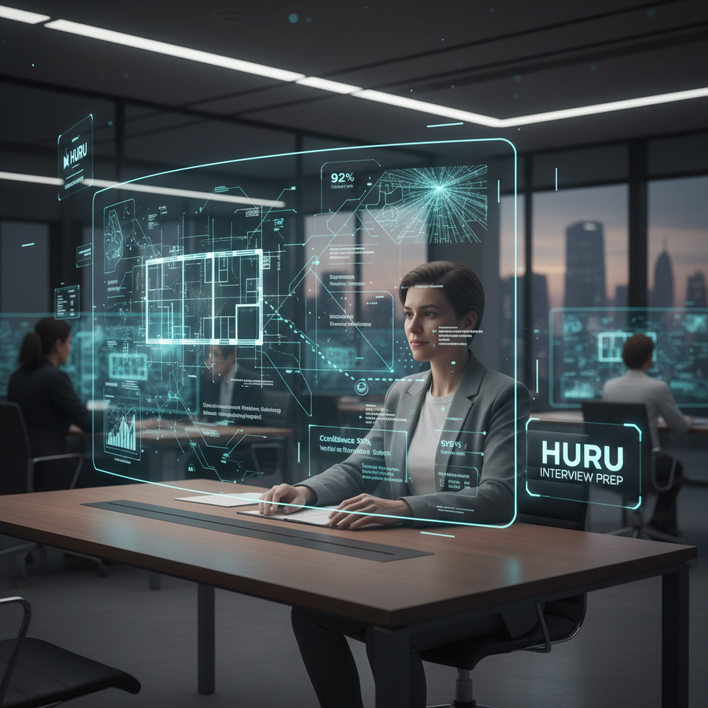 Professional preparing for a solutions architect interview, surrounded by holographic diagrams and AI-powered feedback
