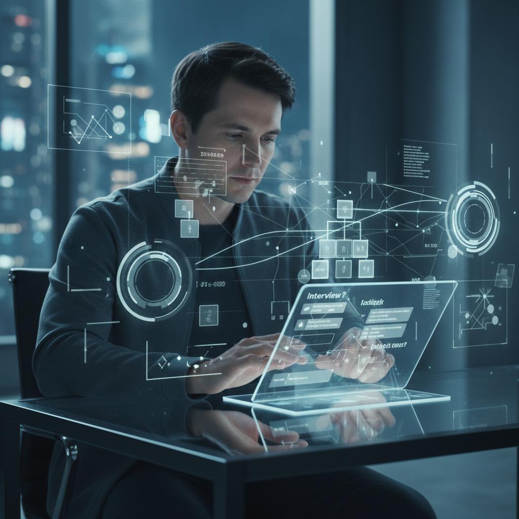 Job seeker practicing advanced problem-solving at a futuristic workstation for interview success
