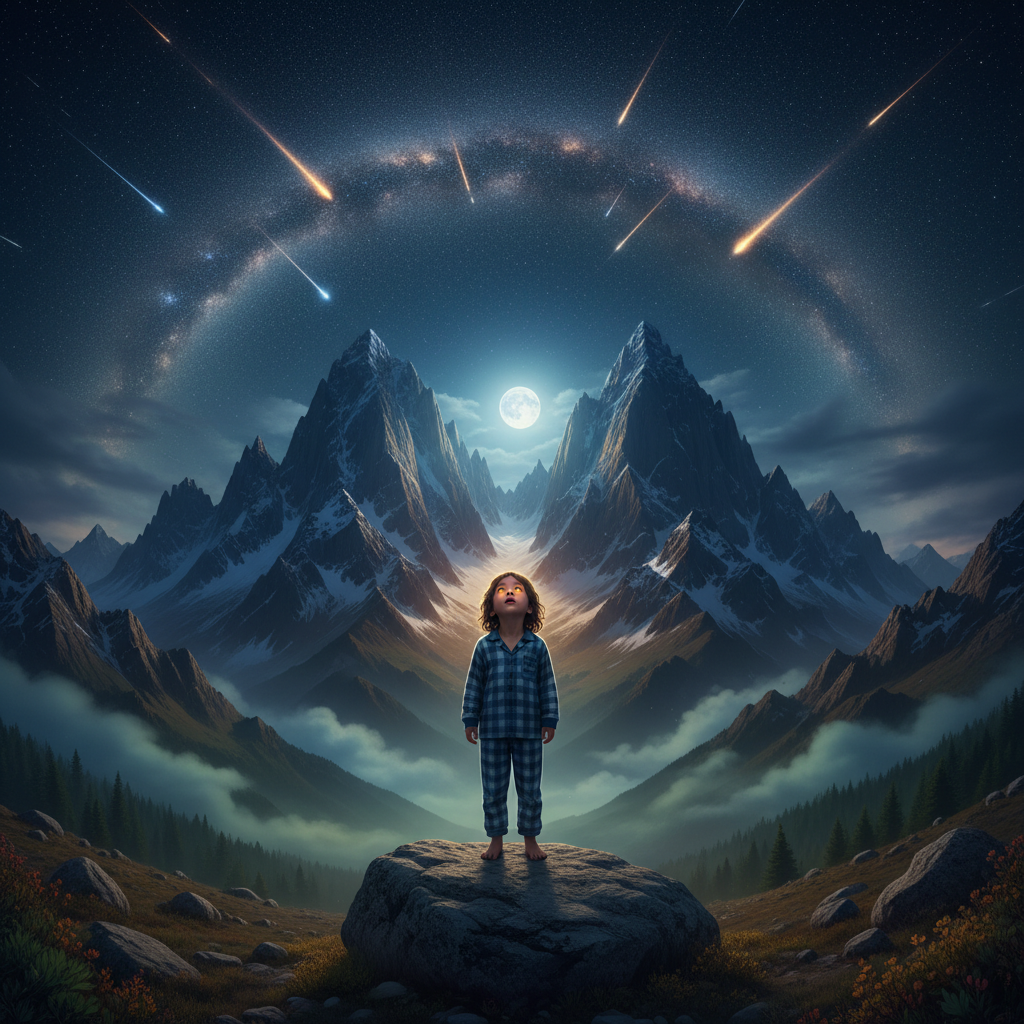 Child stands atop a mountain, gazing in awe at a meteor shower and the Milky Way, symbolizing curiosity and wonder about space