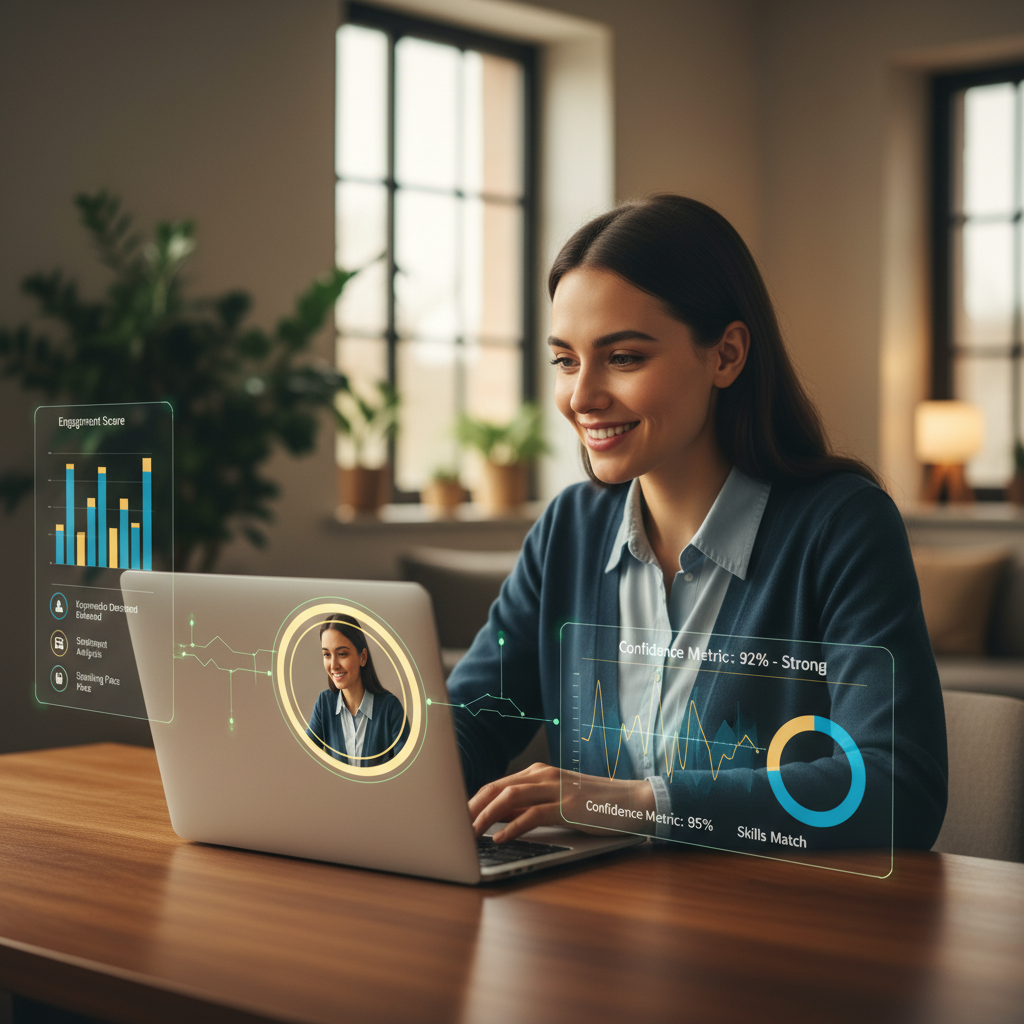 Job seeker confidently recording a video response, surrounded by analytical AI interface overlays