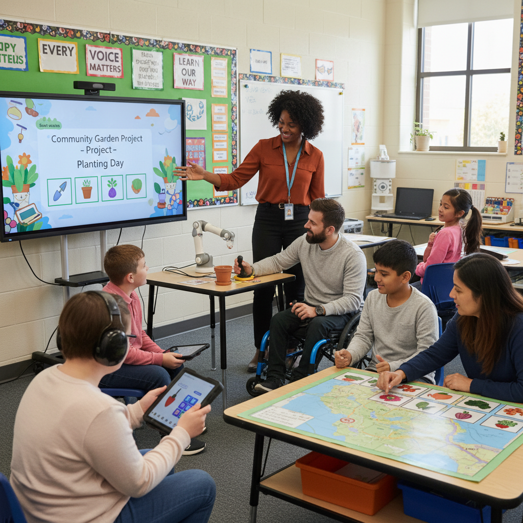 Special education teacher advocating for students in an inclusive classroom, using assistive technology and collaborative teaching