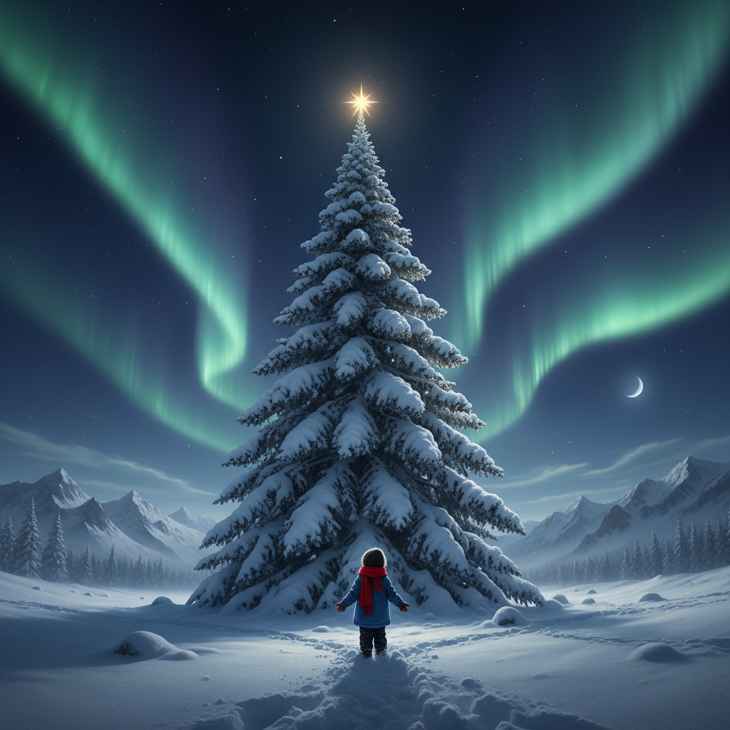 A child in a winter landscape gazes up at a golden star, symbolizing the wonder of a magical Santa gift