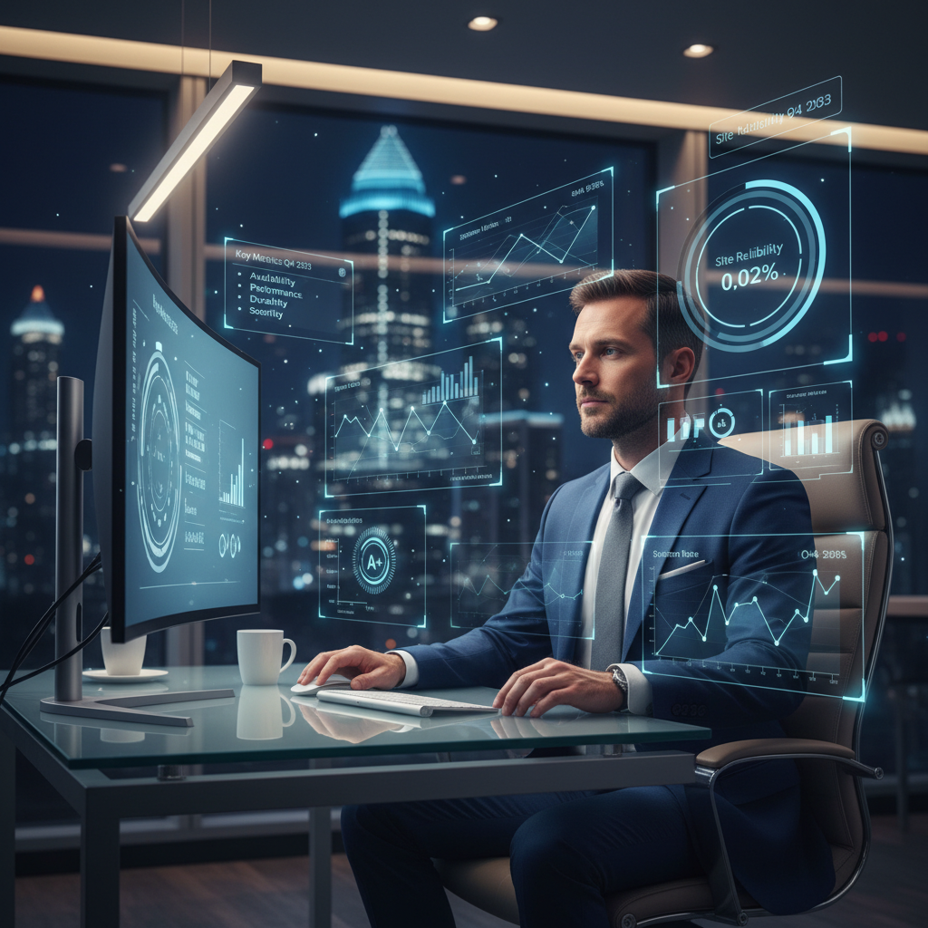 Focused SRE professional analyzing site reliability metrics and dashboards in a modern workspace