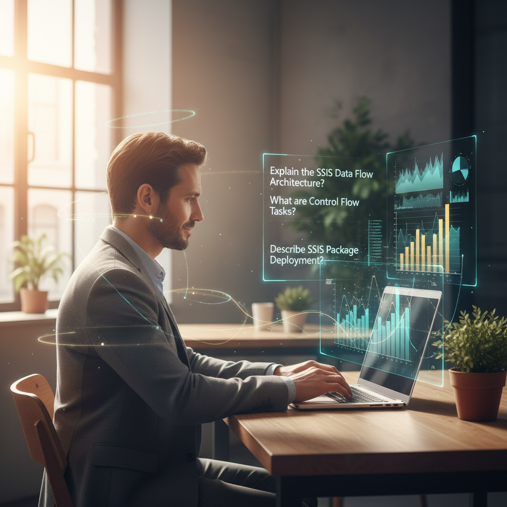 Focused job seeker practicing SSIS interview questions at a modern workspace, digital questions and analytics floating above a laptop