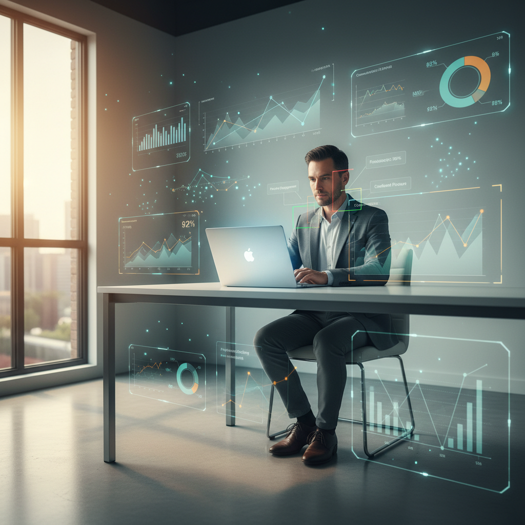 Candidate practicing RA interview in a modern, sunlit room with digital AI feedback overlays