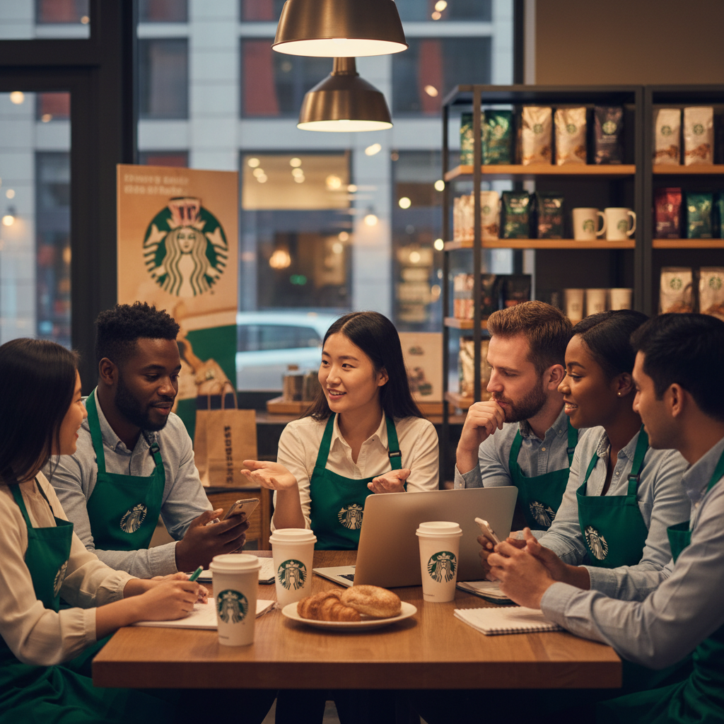 A diverse group of Starbucks candidates practicing interview questions together, simulating a real interview scenario in a cozy coffee shop setting