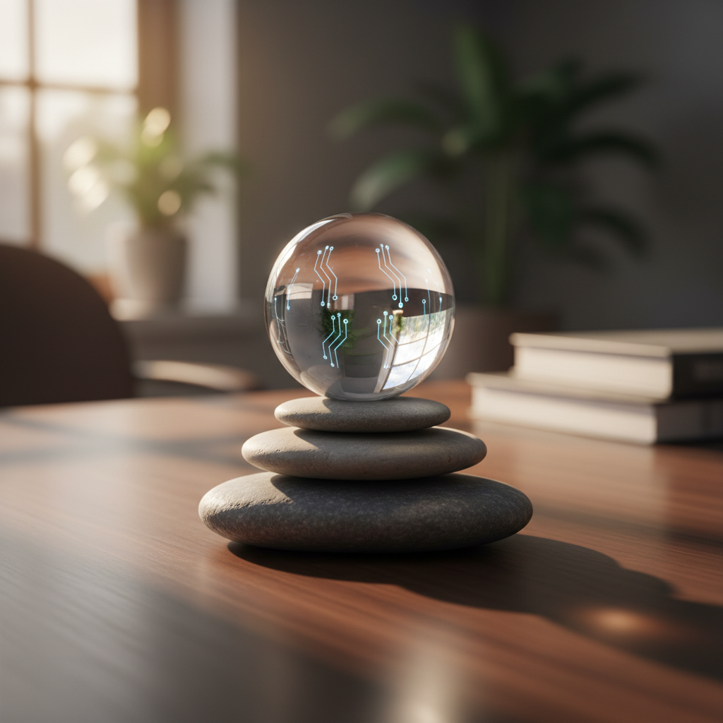 Metaphor for staying calm and composed during panel interviews - glass sphere on river stones