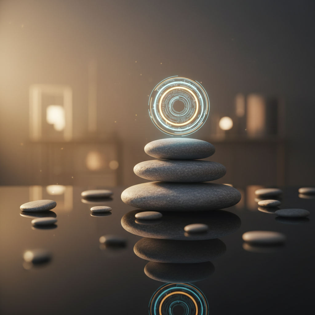 Balanced stack of pebbles with AI halo, symbolizing emotional control interview and calm under pressure