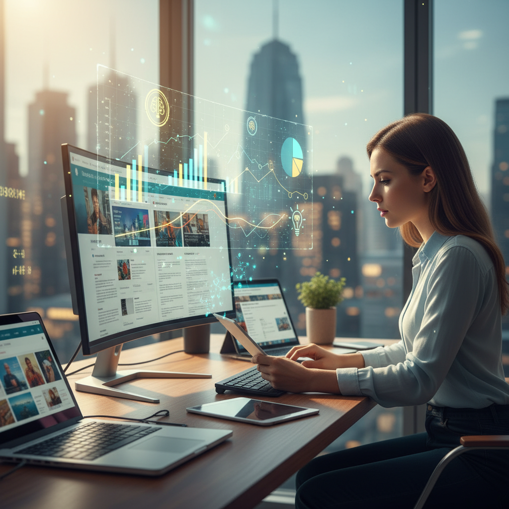 Focused job seeker deep in industry research, surrounded by digital devices, data overlays, and real-time feedback curves in a sunlit, modern workspace.
