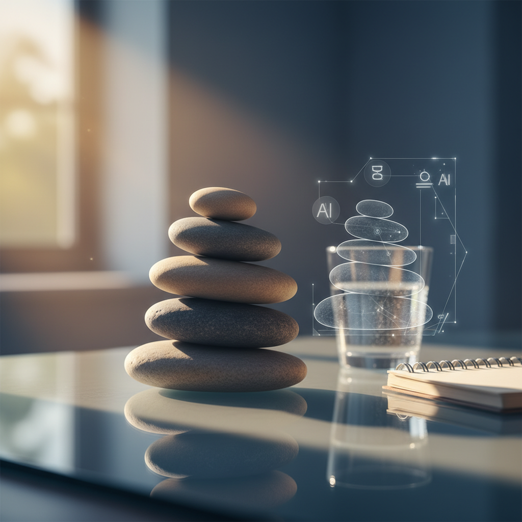 Balanced stones and AI holographic reflection representing calm mind interview