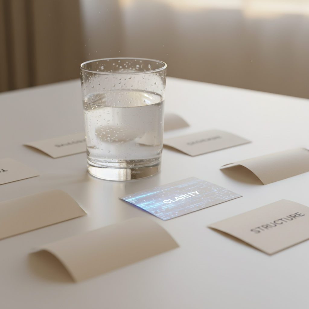 Crystal-clear glass of water and index cards symbolizing clarity in interview communication