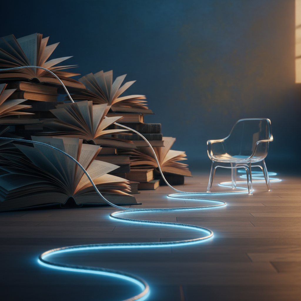 Books connected by a glowing thread forming a path to an interview chair, symbolizing structured storytelling.
