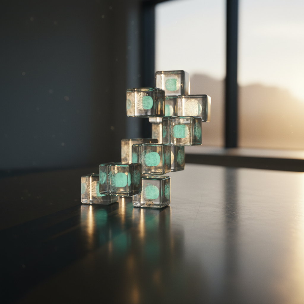 Metaphorical visualization of layered behavioral examples using glowing transparent cubes.
