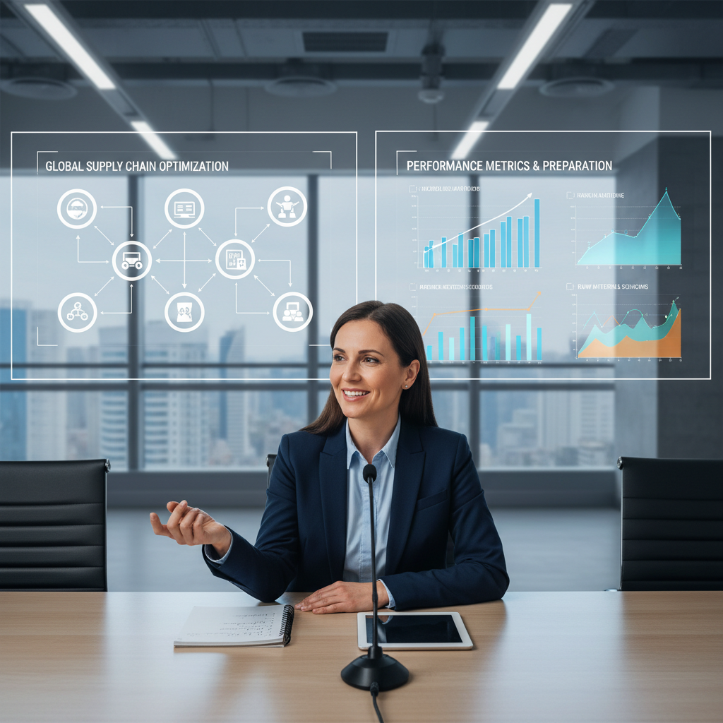 A supply chain manager answering interview questions in a modern office with charts and supply chain diagrams in the background