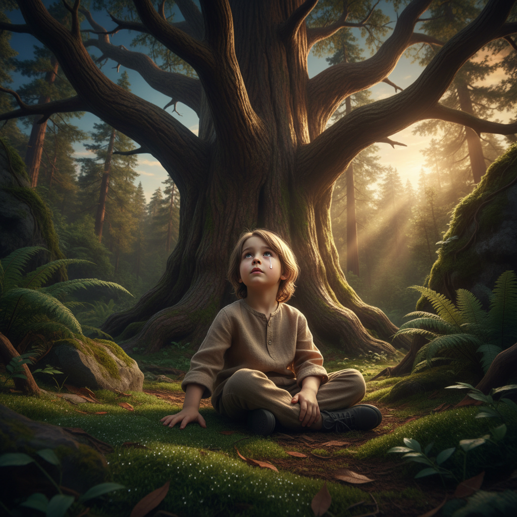 A child sits quietly in a sunlit forest, symbolizing vulnerability and the hope that support brings, illustrating the inner world of self-critical kids.