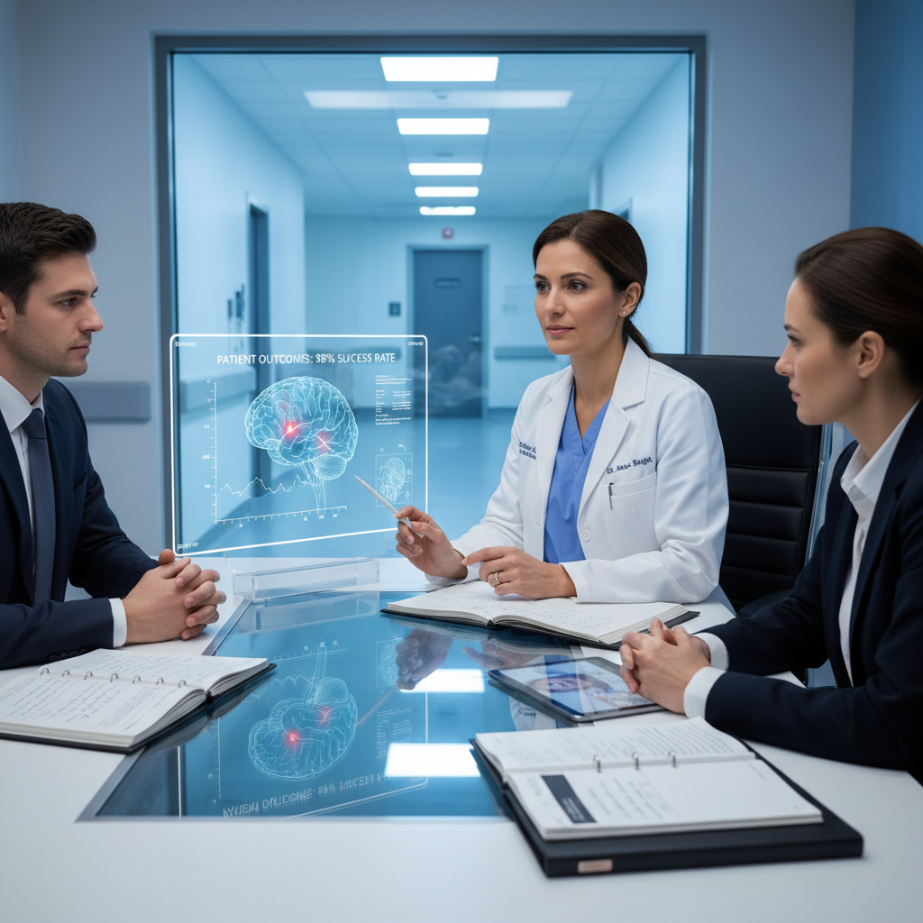 Surgeon confidently answering complex interview questions, demonstrating surgical precision and professionalism