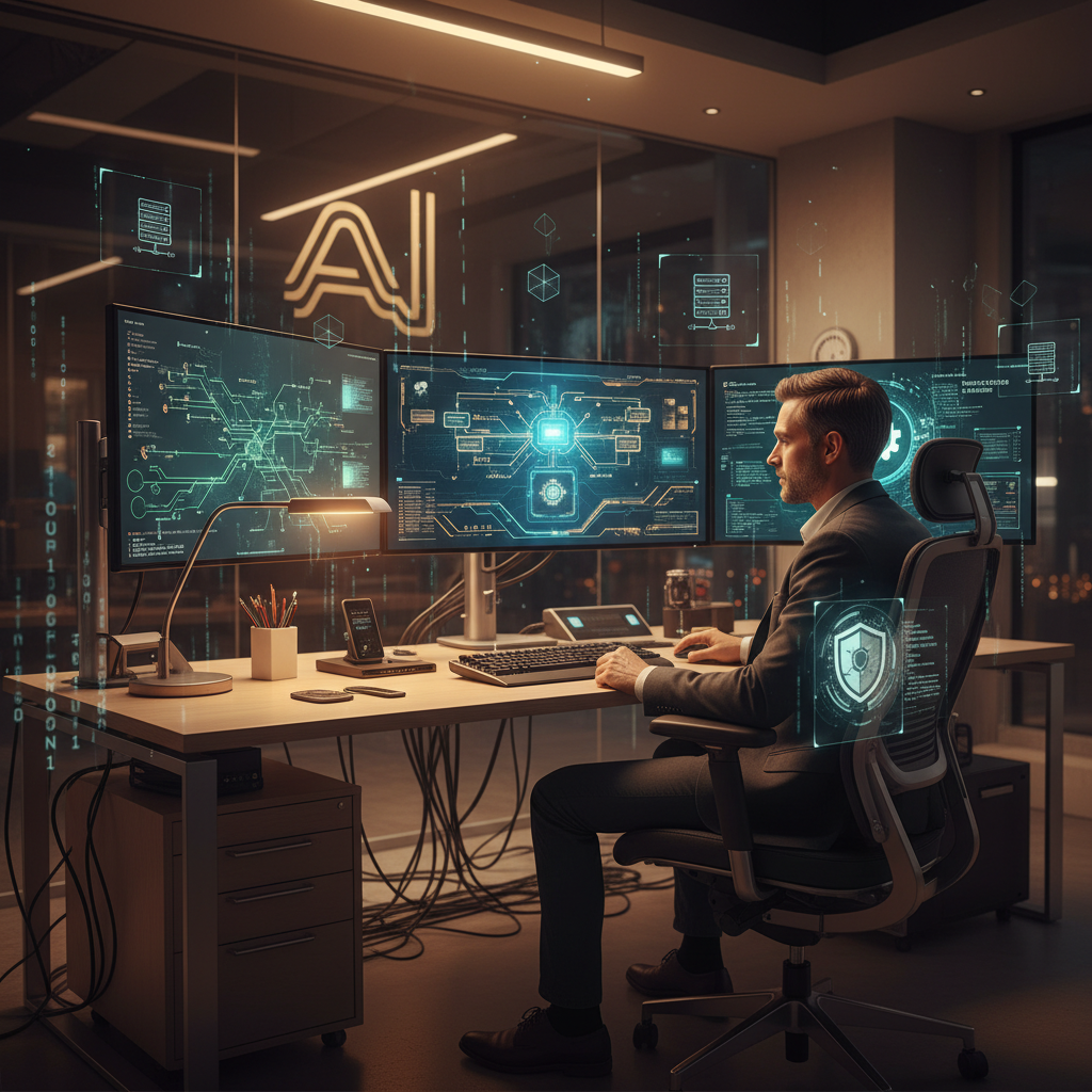 System administrator at a workstation with glowing monitors showing dashboards, network graphs, and security protocols, in a high-tech setting