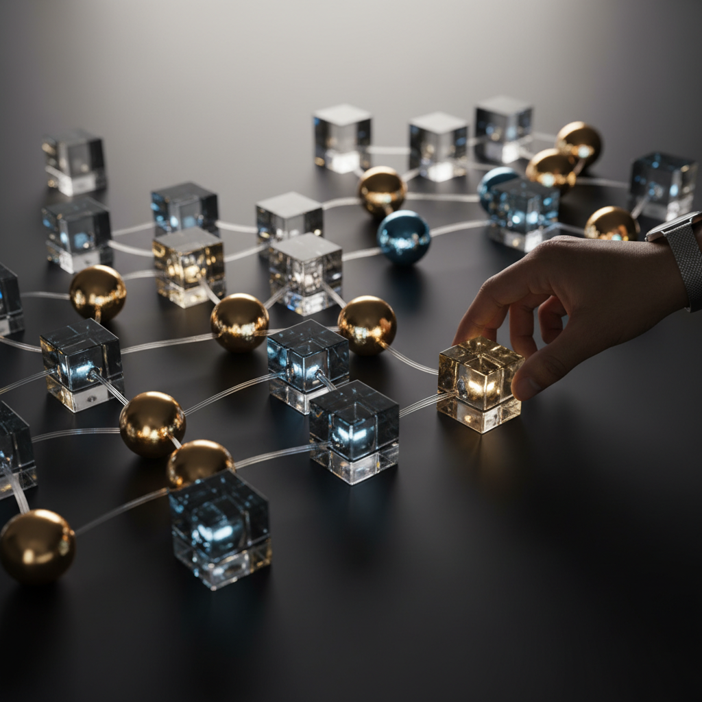 Glass blocks and glowing spheres arranged to represent scalable systems and system design components