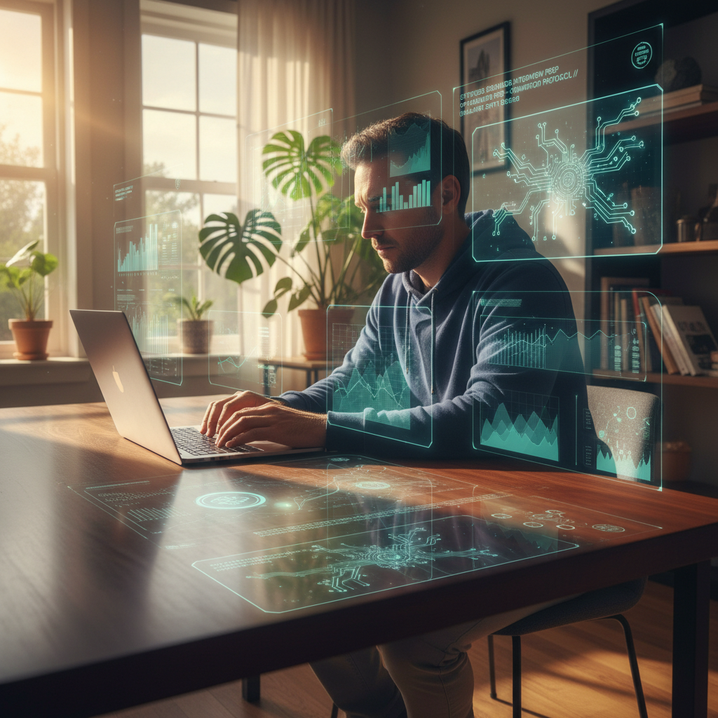 Candidate preparing for a systems engineer interview at a modern desk, surrounded by digital graphs and circuit overlays representing AI-powered preparation