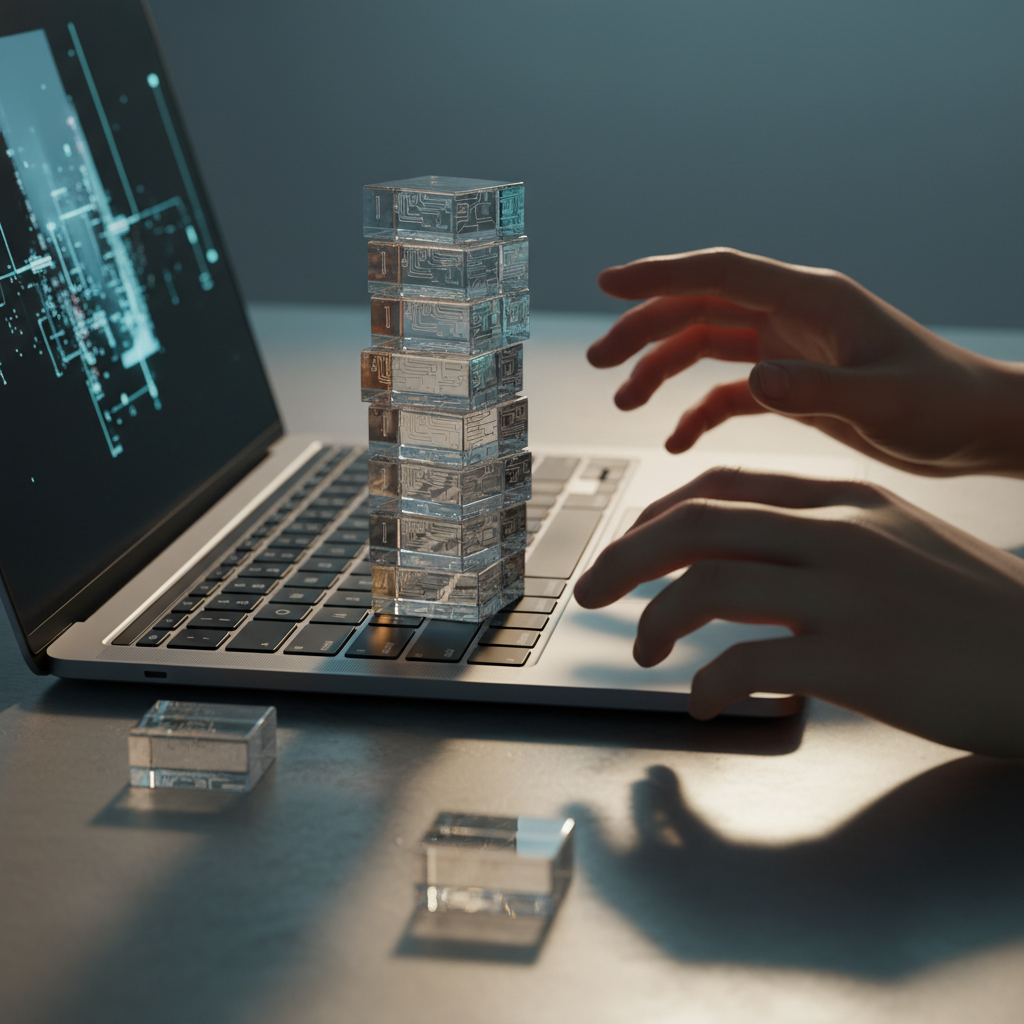 Stacked acrylic blocks on laptop keyboard symbolizing structured coding solutions