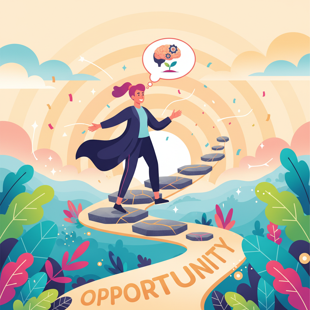 Illustration of a person at a crossroads, choosing ‘Opportunity’ as the path of growth, while ‘Failure’ turns into supportive stepping stones