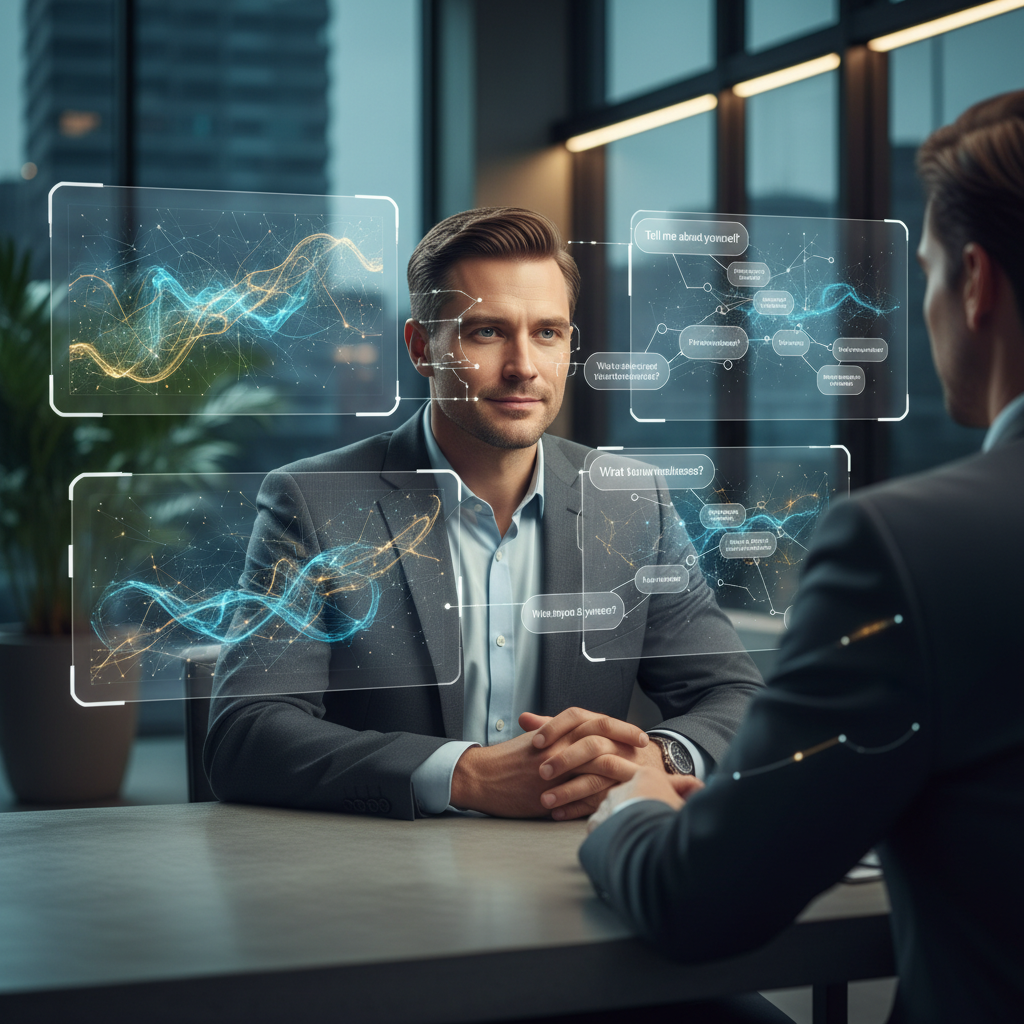 Professional sitting in modern workspace with interview holograms, ready for Target interview
