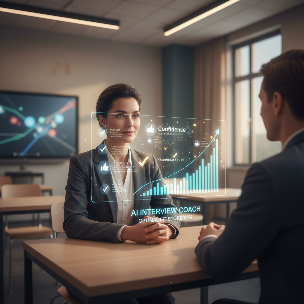 Teacher interview candidate in classroom with AI-powered feedback overlays