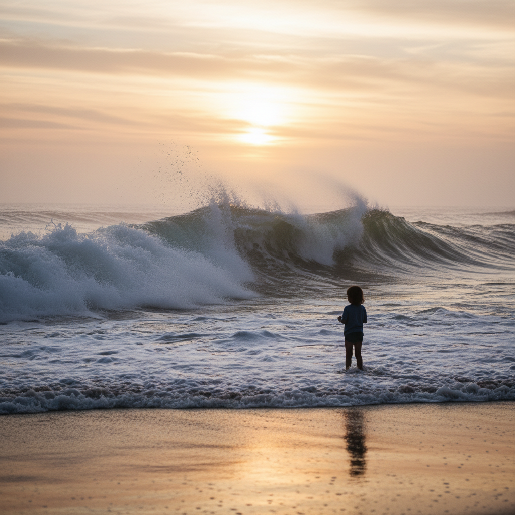 Child standing calmly at seashore, facing gentle waves, symbolizing emotions as passing waves